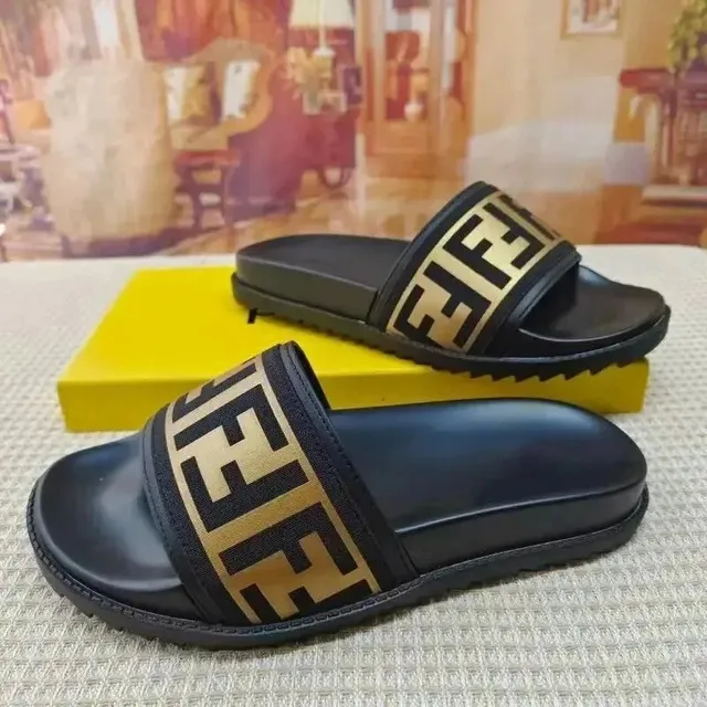 Fendi FF Slide Black and Gold Logo