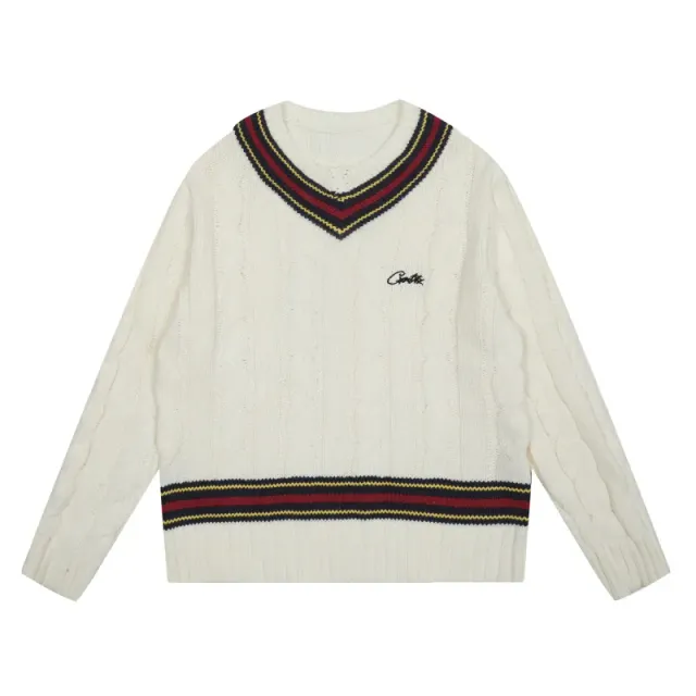 Chrome Hearts V-Neck Cable Knit Sweater Cricket Stripe Trim