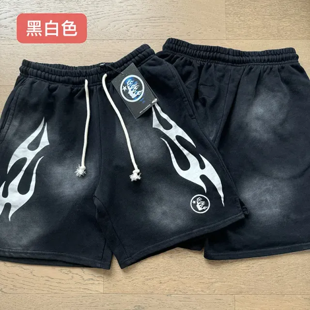 Hellstar Flame Shorts Black White Flame Print