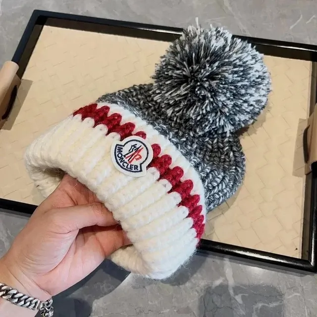 Moncler Pom-Pom Beanie Marled Grey with Red Trim