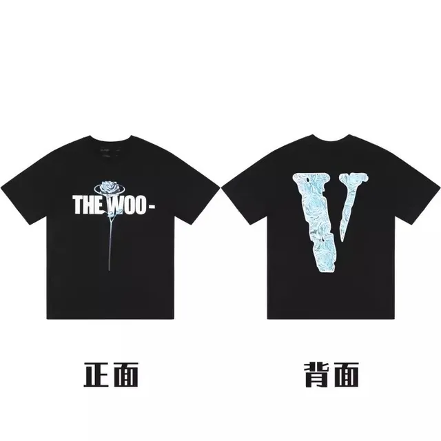 Vlone × Pop Smoke tee front 'THE WOO-' rose graphic and back rose-textured V logo