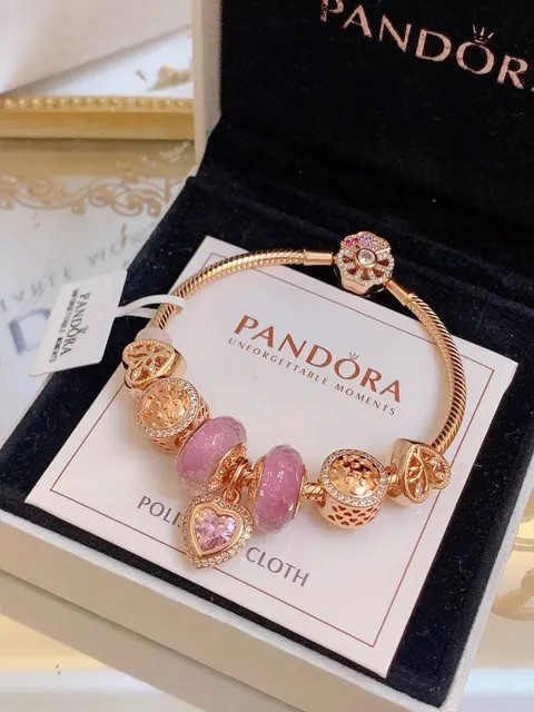 Pandora Snake Chain Bracelet Heart Charms with Pink Crystals
