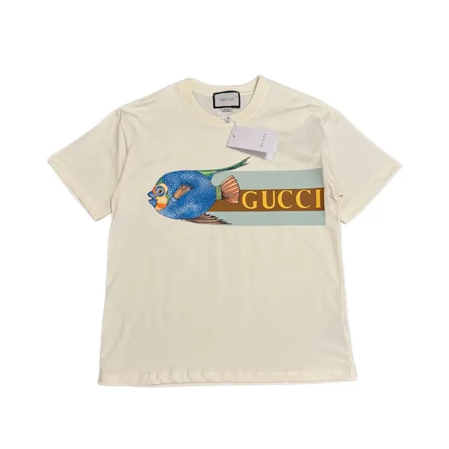 Gucci Fish Print T-Shirt Blue Fish and Logo Stripe