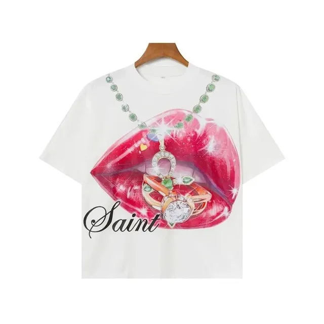 Saint Laurent Graphic Tee Lips and Jewelry Print