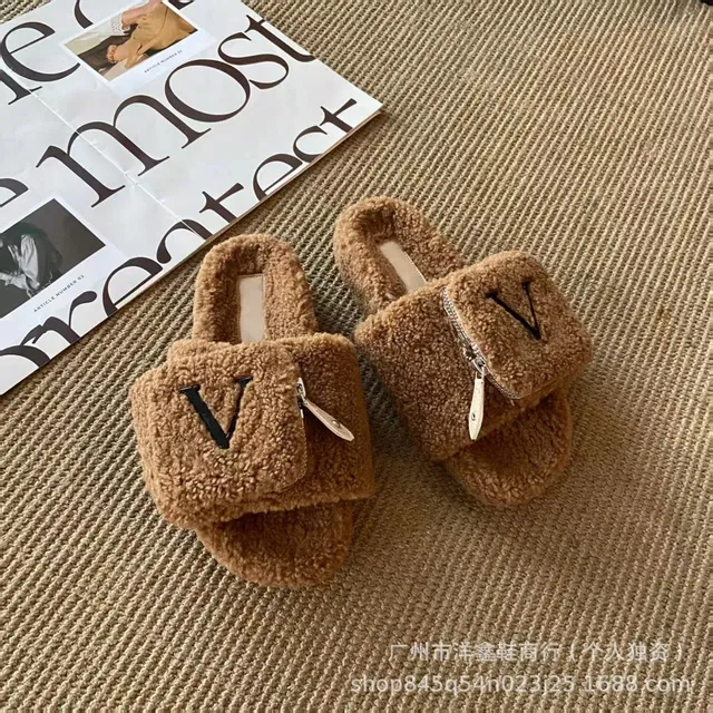 Valentino V Logo Slide Teddy Bear Fur