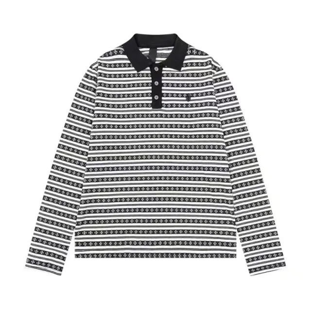 Chrome Hearts Long-Sleeve Polo Cross Logo Stripe