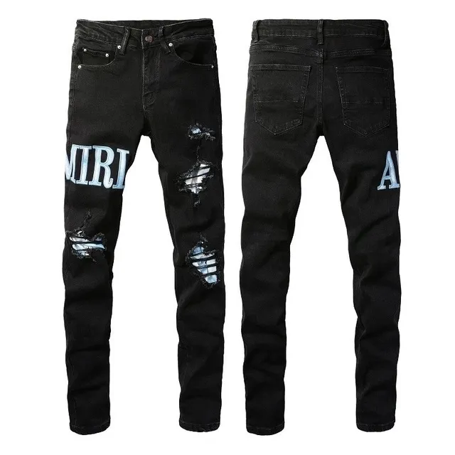 Amiri Distressed Logo Jeans Black with Light Blue Logo