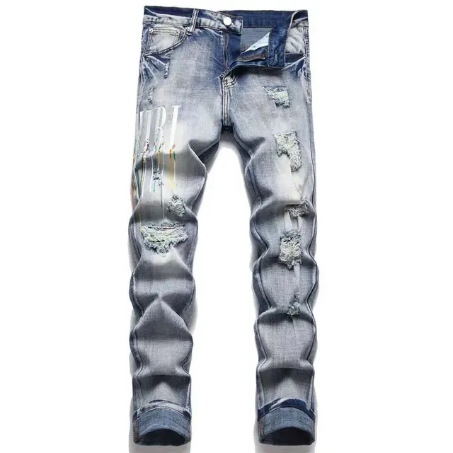 Distressed Slim Fit Jeans Paint-Drip Graphic