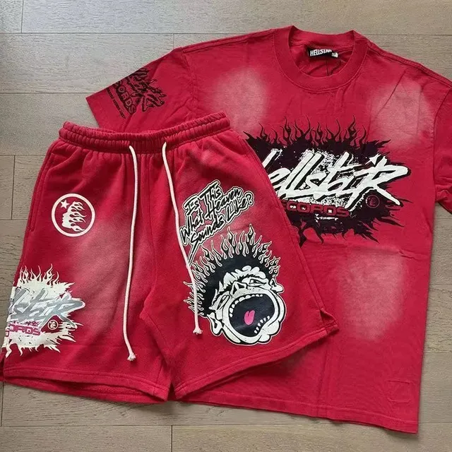 Hellstar Graphic Tee & Shorts Set Flame Print
