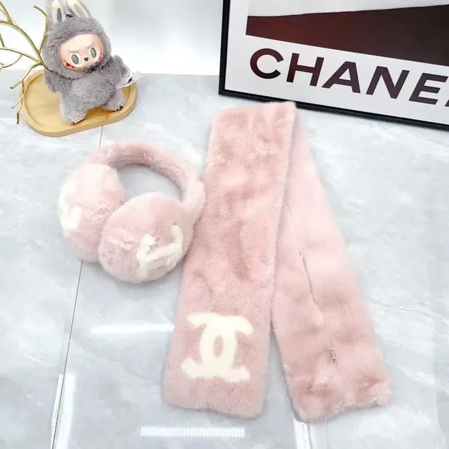 Chanel Faux Fur Scarf and Earmuffs Set CC Logo