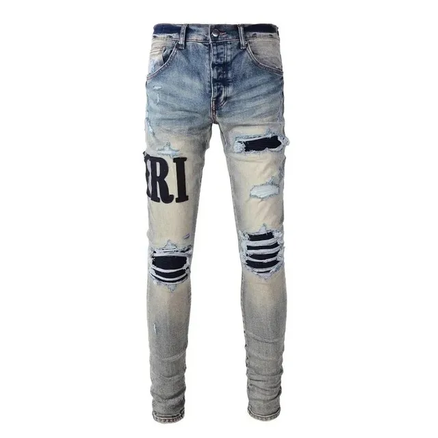 Distressed Slim Fit Jeans Ripped with Logo Print