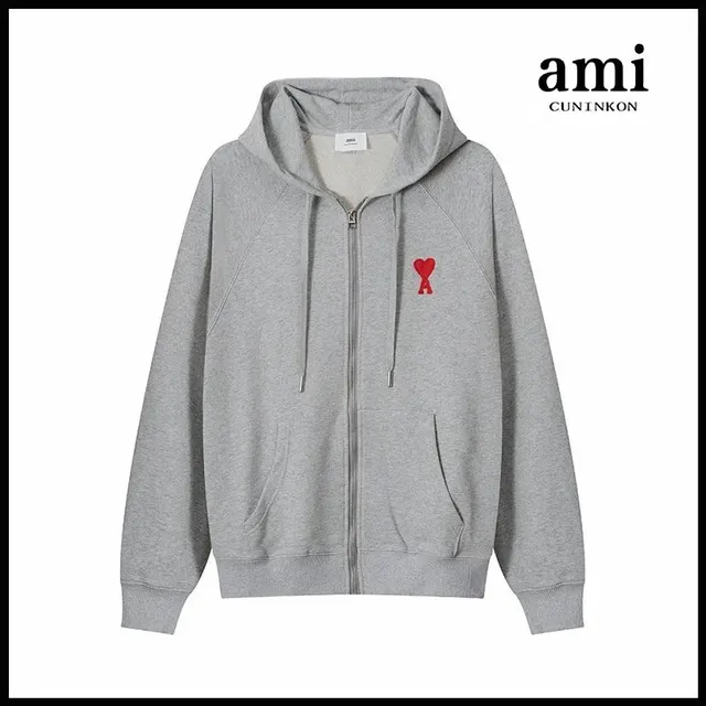 AMI Paris Zip-Up Hoodie Red Heart Logo