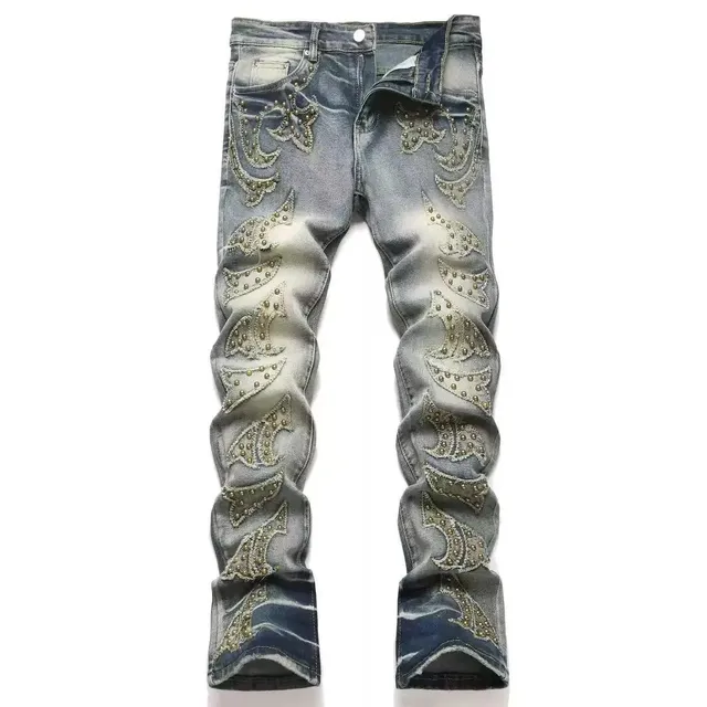 Embroidered Jeans Studded Wave Motif