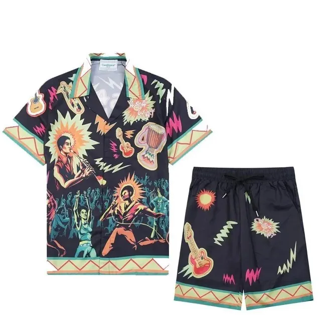 Camp Collar Shirt and Shorts Set Psychedelic Music Print