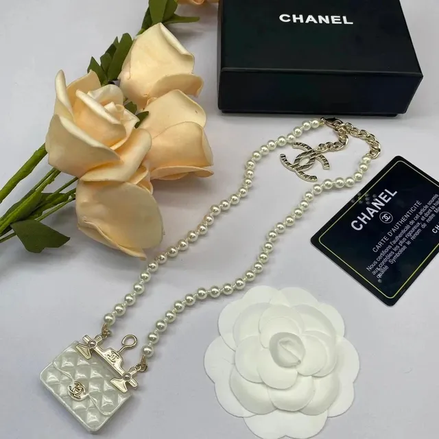 Chanel Pearl Chain Necklace with Mini Flap Charm Quilted Pearl