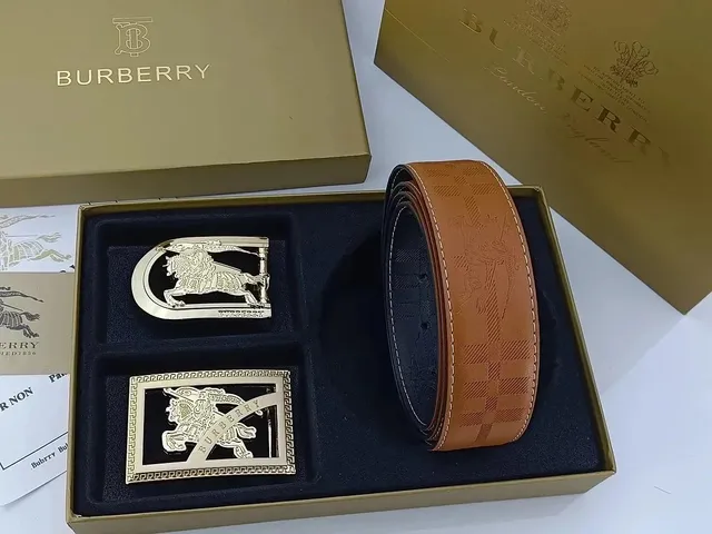 Burberry Equestrian Knight Belt Checkered Leather with Dual Buckles