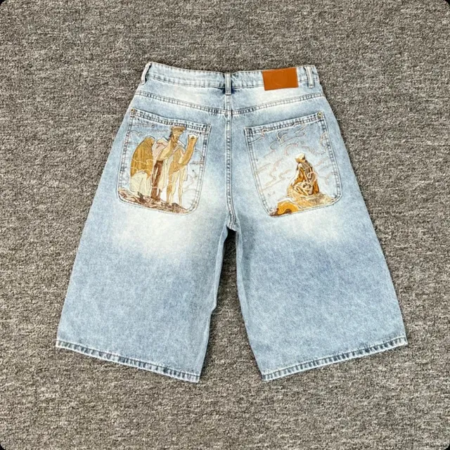 Denim Tears Embroidered Denim Shorts Light Wash with Back Pocket Artwork