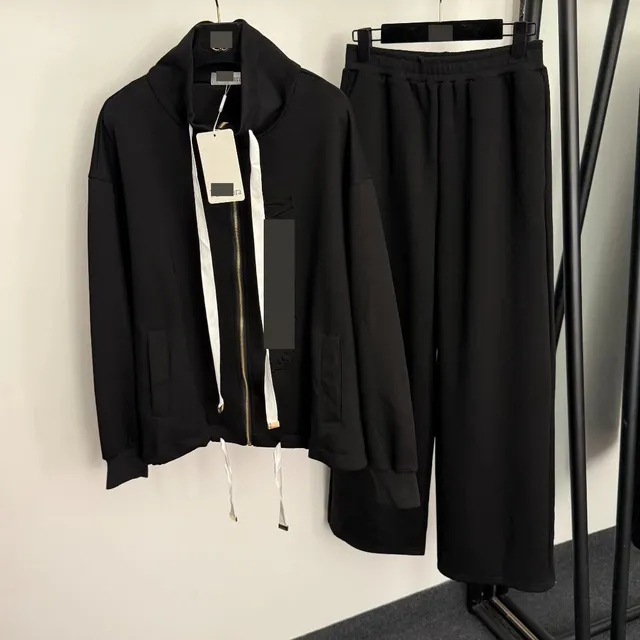 Hooded Zip-Up Jacket and Wide-Leg Trousers Monochrome Black Set