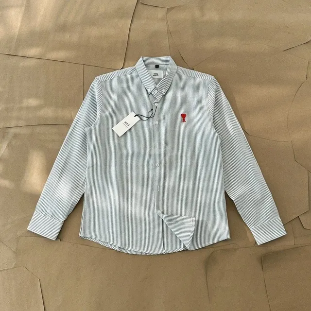 AMI Paris Button-Up Shirt Striped with Red Heart Logo