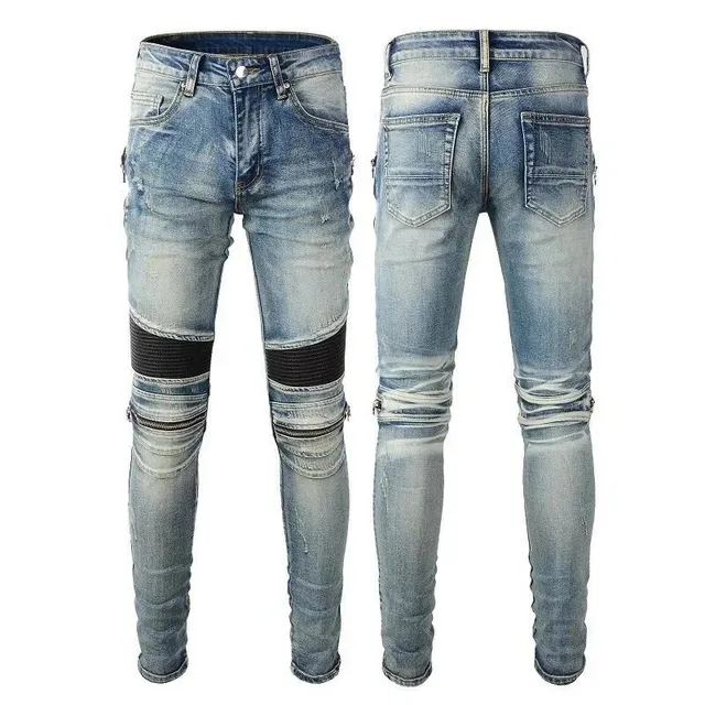Distressed Biker Jeans Ripped with Knee Panels