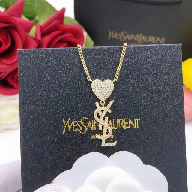 Saint Laurent Heart YSL Necklace Pave Crystal
