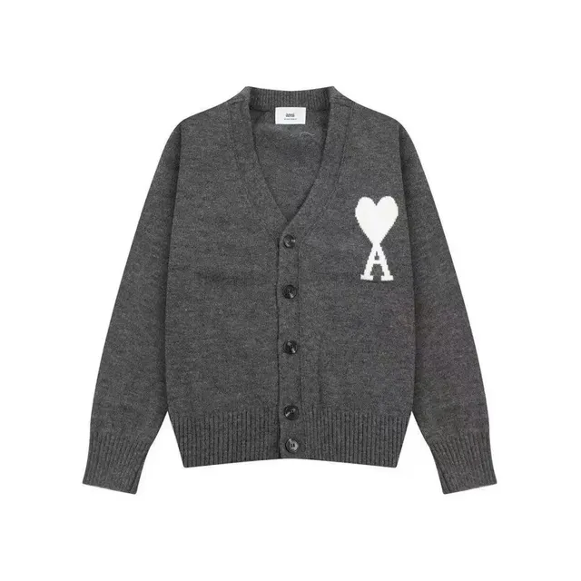 AMI Paris Heart Logo Cardigan Grey with White Heart A