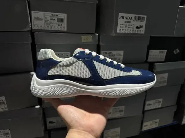 Prada Cleo Navy Patent Leather and Mesh