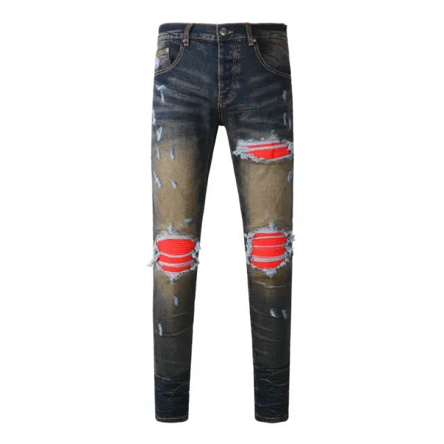Distressed Slim Fit Jeans Ripped with Red Underlay