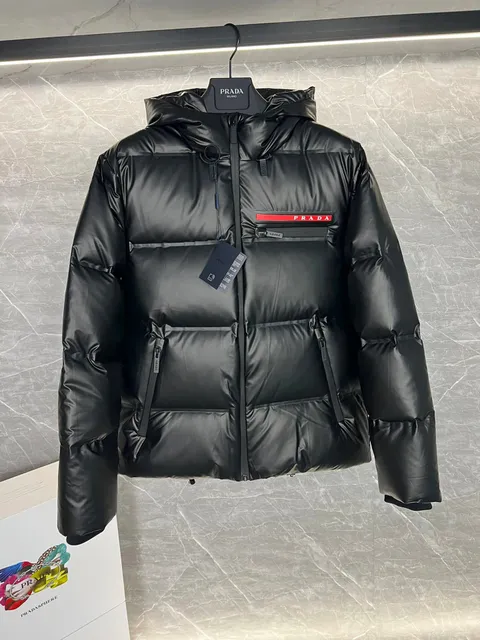 Prada Nylon Puffer Jacket Red Logo Tape
