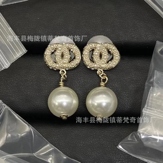 Chanel CC Pearl Drop Earrings Pearl and Crystal