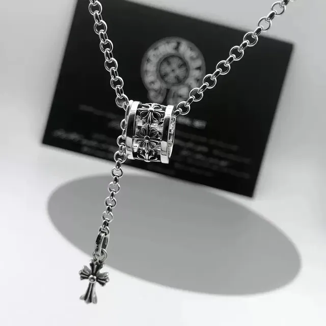 Chrome Hearts Cross Pendant Necklace Floral Cylinder Bead