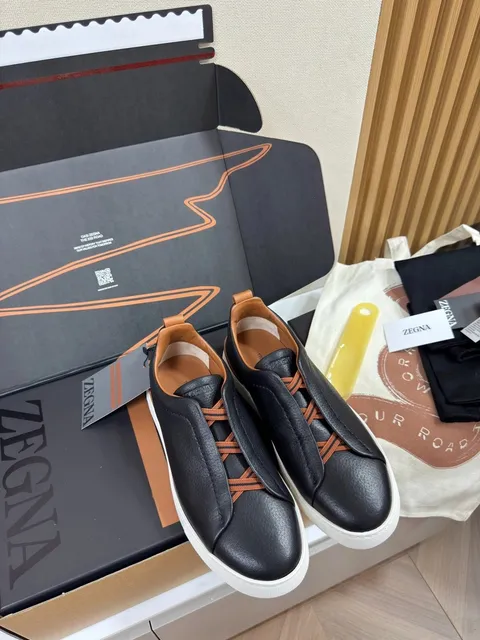 Zegna Triple Stitch Black Leather with Orange Laces