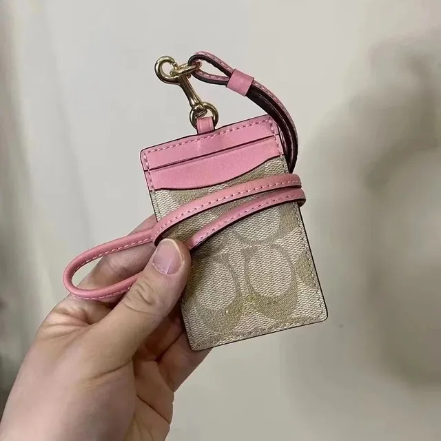 Coach Lanyard Cardholder Signature Canvas with Pink Leather Trim