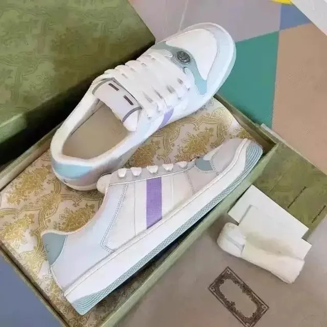 Gucci GG Marmont Sneaker White with Purple and Light Blue Stripes