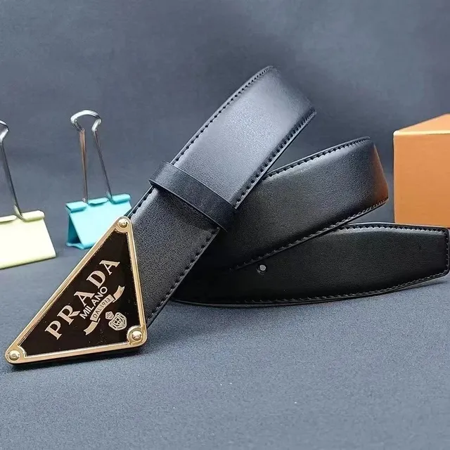 Prada Triangle Logo Belt Black Leather with Gold Triangle Buckle