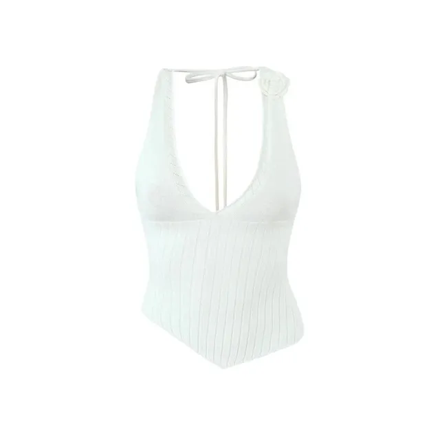 Knit Halter Top Floral Embellished