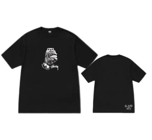 Stüssy t-shirt black tee with hand holding playing cards graphic