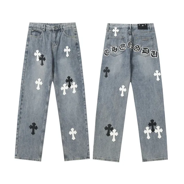 Chrome Hearts Cross Patch Jeans Distressed Light Wash with Cross Patches