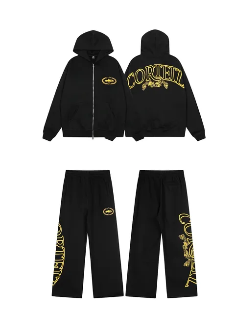 Corteiz Zip-Up Hoodie and Joggers Set Gold Logo Print