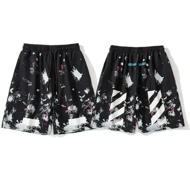 Off-White Paint Splatter Shorts Diagonal Stripe & Text Print