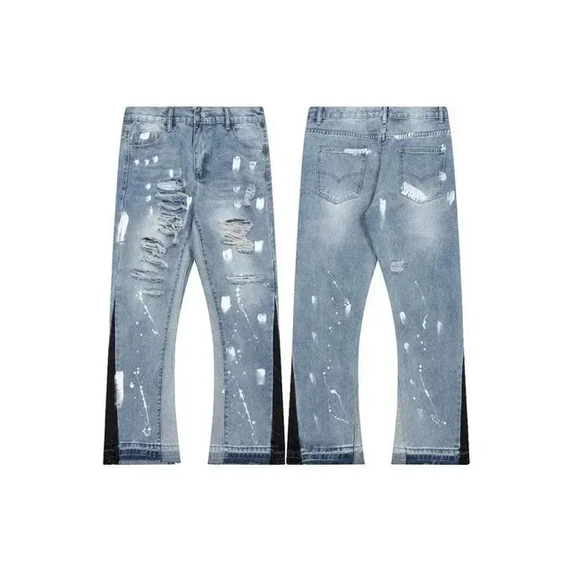 Distressed Paint-Splatter Jeans Light Wash with Black Side Panels