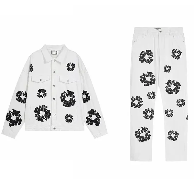 Dior Floral Print Denim Set White with Black Floral Motif