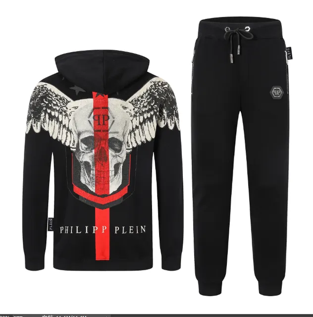 Philipp Plein Skull Wings Hoodie and Joggers Set Black with Red Stripe and Embroidered Skull