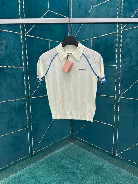 Miu Miu Knit Polo Shirt Ribbed with Blue Trim