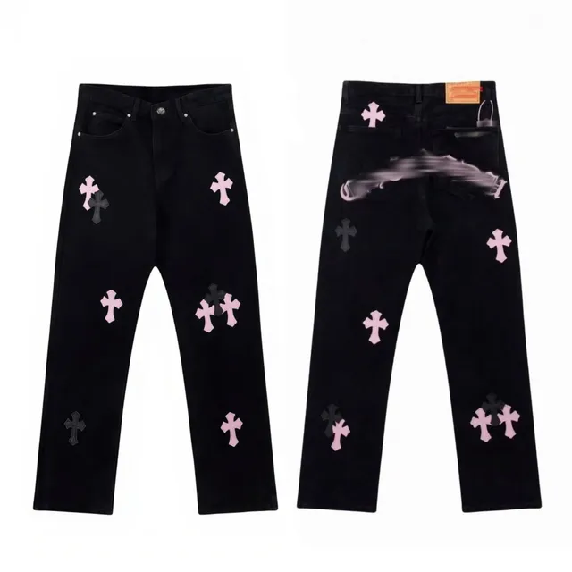Chrome Hearts Cross Patch Jeans Black with Pink and Grey Crosses