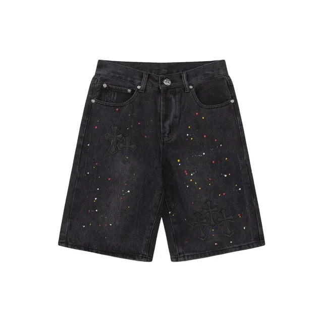 Chrome Hearts Denim Shorts Cross Print with Splatter Detail