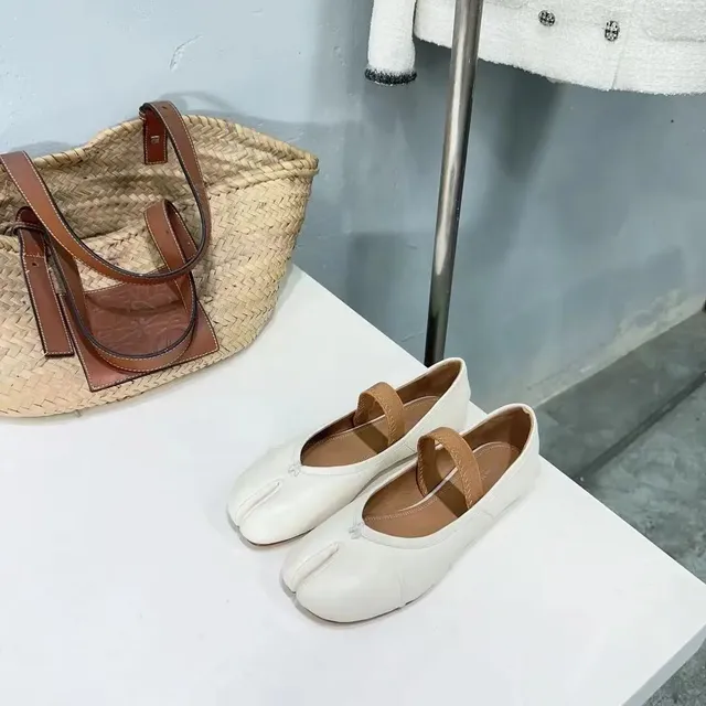Maison Margiela Tabi Ballet Flat White Leather with Beige Strap