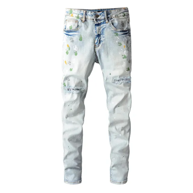Paint Splatter Jeans Distressed Light Wash