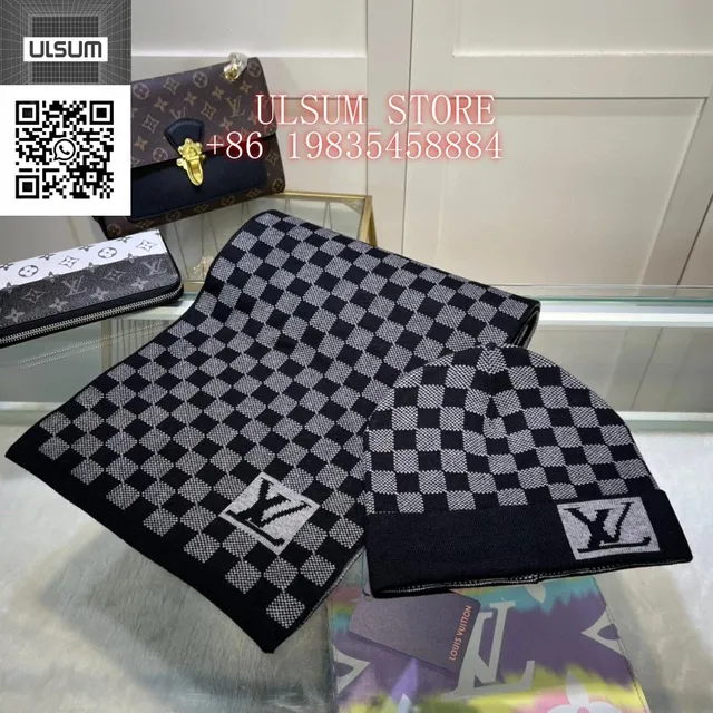 Louis Vuitton Checkered Scarf and Beanie Set Monogram Chessboard