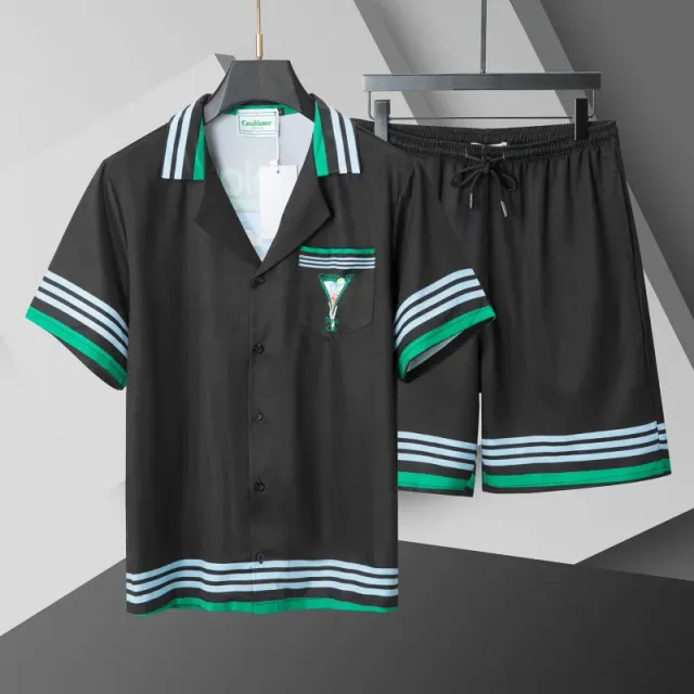 Casablanca Camp Shirt & Shorts Set Striped Trim